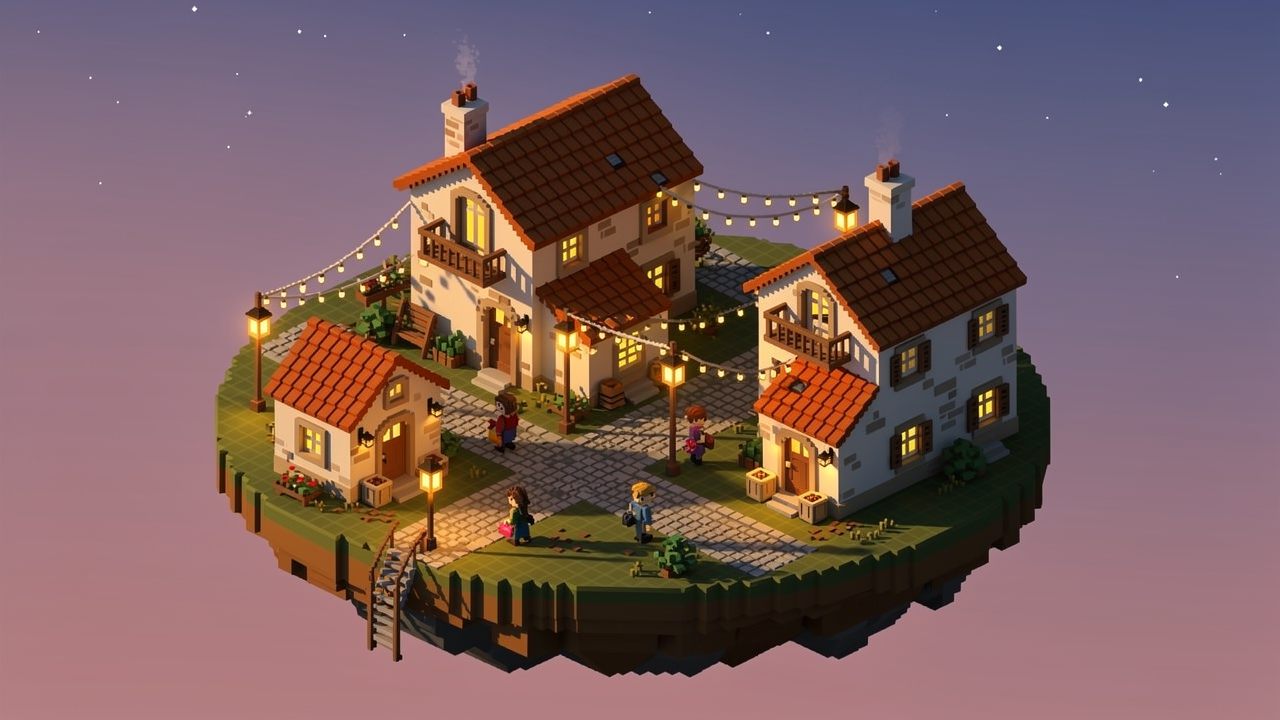 The Vivaria island town at twilight: cottages with warm glowing windows, string lights, chimney smoke, under a purple star-flecked sky.