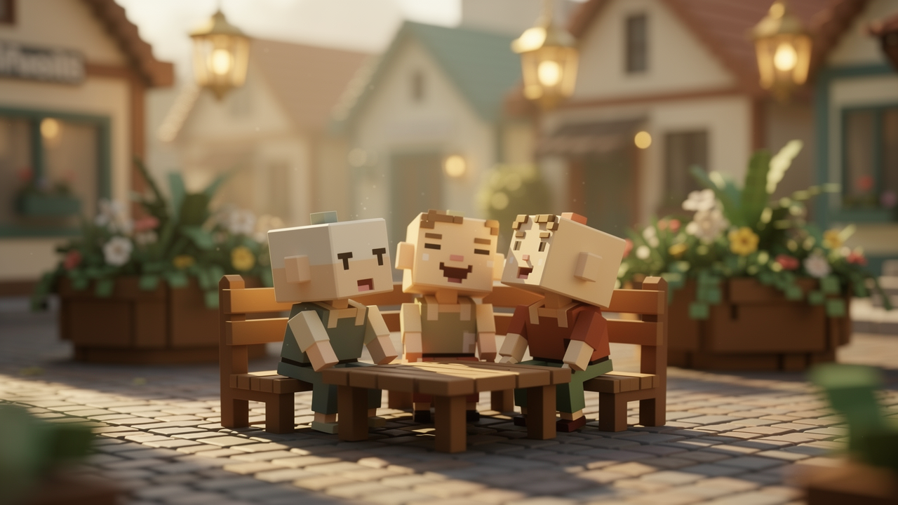 A group of three voxel Vivaria citizens sitting together on a bench, laughing, with a soft depth-of-field town street behind them.
