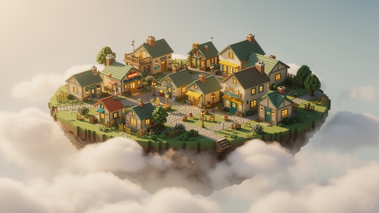 The whole Vivaria voxel town floating on a green island high above a sea of clouds, warm windows glowing.