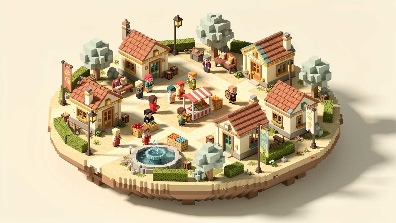 Isometric voxel island town of Vivaria: cottages ring a central plaza with a fountain, a market stall with fruit crates, a musician, and citizens crossing the square.